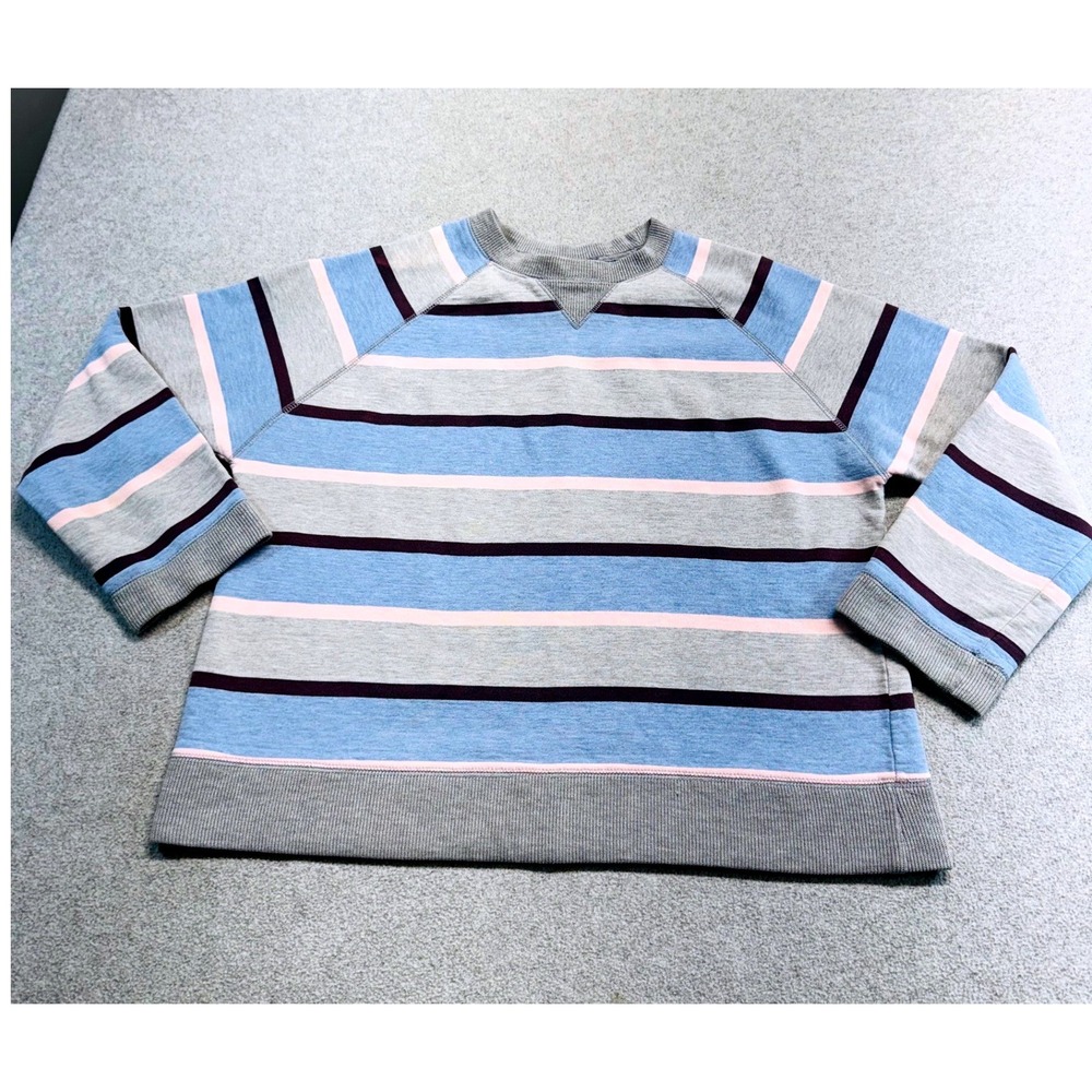 Pacer Womens Sweatshirt S Striped Blue Gray Pink Fleece Crewneck Pullover Cozy